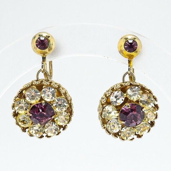 Vintage Large Coro Screw Back Dangle Earrings Clear Purple Rhinestones - Picture 1 of 5